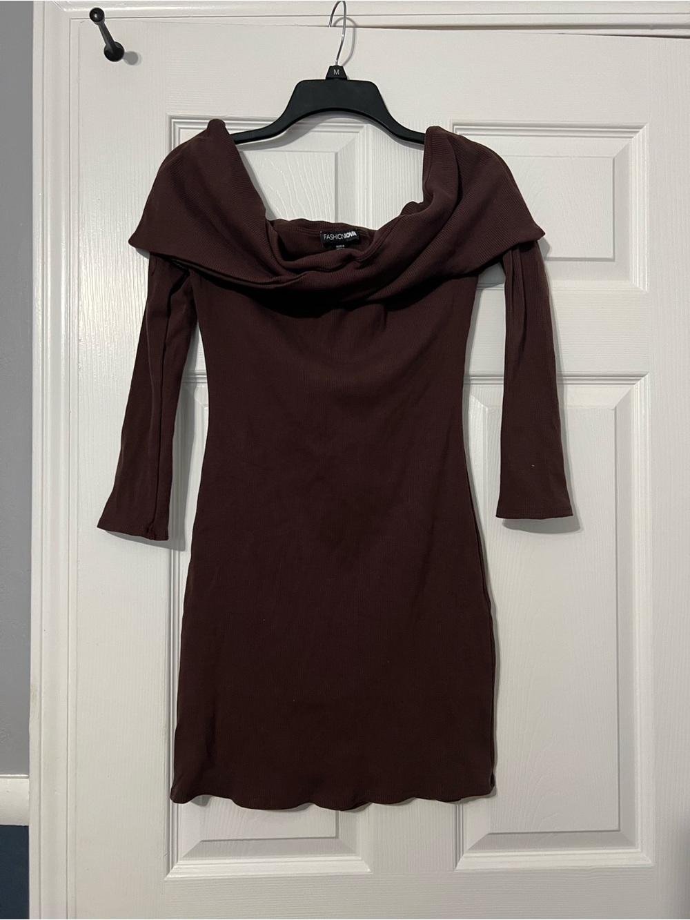 Fashion Nova Off-Shoulder Bodycon Dress in Brown